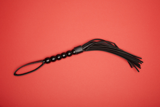top view of leather flogging whip isolated on red - 写真・画像