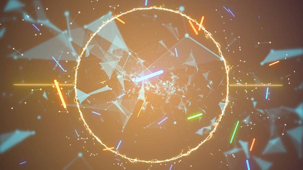 Высвобождается субатомная энергия. Неоновые синие сплетенные сети проходят через абстрактное кольцо золотого пламени
. - Фото, изображение