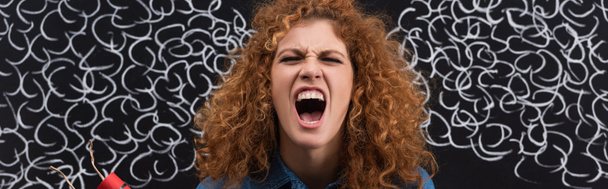 panoramatický záběr agresivní ženy křičící a držící dynamit, s párou kreslení na tabuli - Fotografie, Obrázek