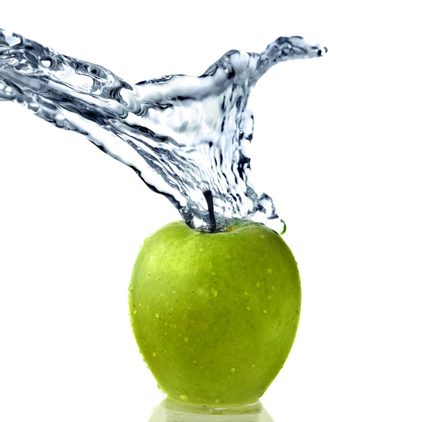 Fresh water drops on green apple isolated on white - Фото, изображение