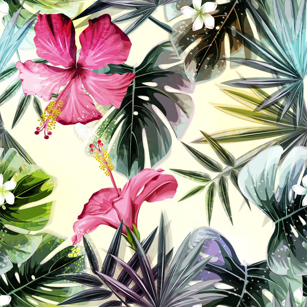 Bright tropical background with jungle plants. Vector exotic pattern with palm leaves. - Vector, Image