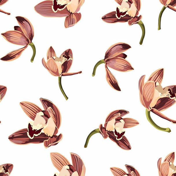 Watercolor style yellow, brown, bordo orchid flowers seamless pattern. Decorative background in rustic boho style for wedding invite, fabric. - Vektör, Görsel
