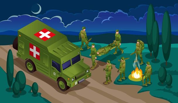 Evacuation of the Wounded Soldiers of Modern Army on Military Ambulance in the night illustration isometric icons on isolated background - Vektör, Görsel