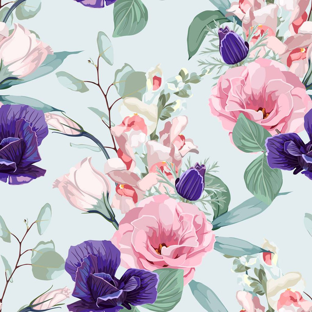 Floral Seamless Pattern with pink eustoma, tulips, anemones, spring flowers and leaves. Spring Blooming Flowers Background. - Wektor, obraz