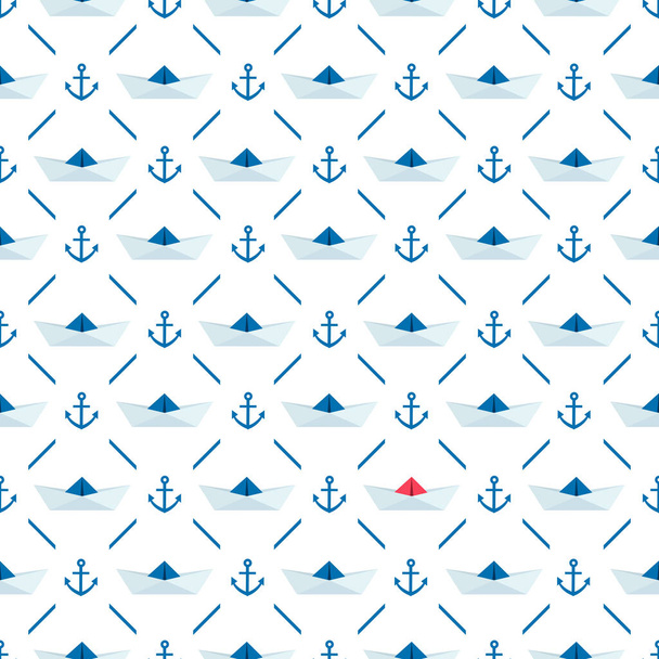 Sea anchor, paper boat. Vector pattern, marine background. Seamless pattern - Vettoriali, immagini