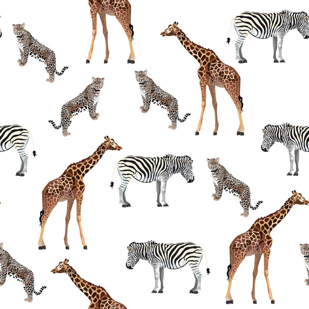 Seamless pattern, background with adult zebra, leopard and giraffe and zebra. Realistic drawing, animalism and tropical leaves. Hand drown illustration. On soft yellow background. - Vector, Image