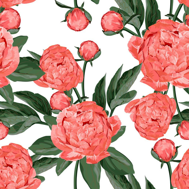 Floral Seamless Pattern with Coral Orange Peonies and leaves. Spring Blooming Flowers. - Vector, Imagen
