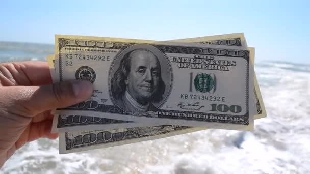 Ragazza in possesso di banconota da 300 dollari sullo sfondo dell'oceano marino - Filmati, video