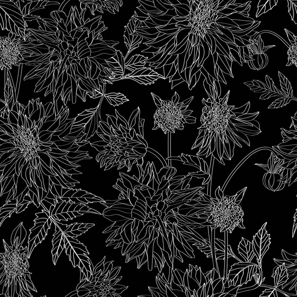 Dahlia. Seamless pattern of black white line dahlia flowers. Floral background. - Vector, imagen