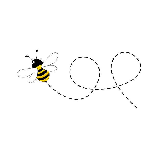 Biene fliegt auf einer punktierten Route isoliert auf weißem Hintergrund - Vektor, Bild