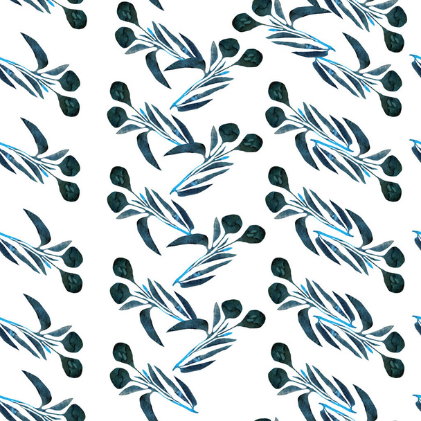 bayas de acuarela azul con hojas dibujadas a mano sobre un fondo blanco patrón de repetición
 - Foto, Imagen
