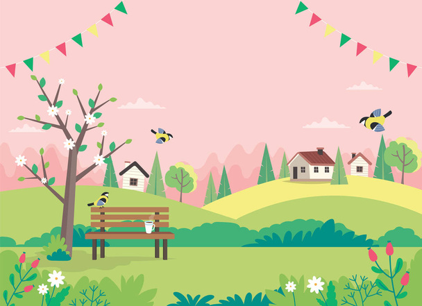 Hello spring, landscape with bench, houses, fields and nature. Decorative garlands. Cute vector illustration in flat style - Vector, Image