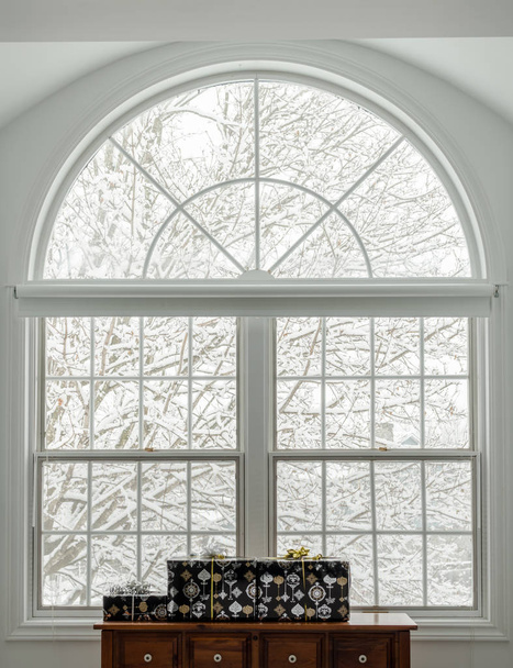 präsentiert sich unter einem weißen Fensterrahmen mit einer verschneiten Szene draußen - Foto, Bild