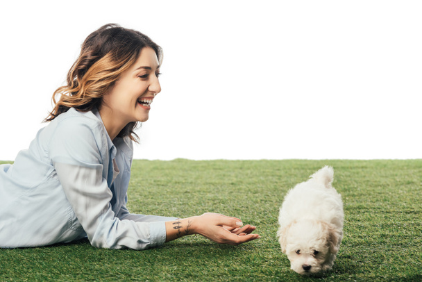 smiling woman with Havanese puppy lying on grass isolated on white - Foto, Imagem