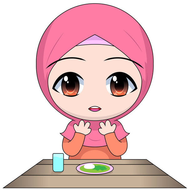 καρτούν chibi μουσουλμάνα γυναίκα χαρακτήρα. Προσευχήσου πριν φας. είναι ευγνώμονες για τα τρόφιμα στο Ισλάμ. - Διάνυσμα, εικόνα