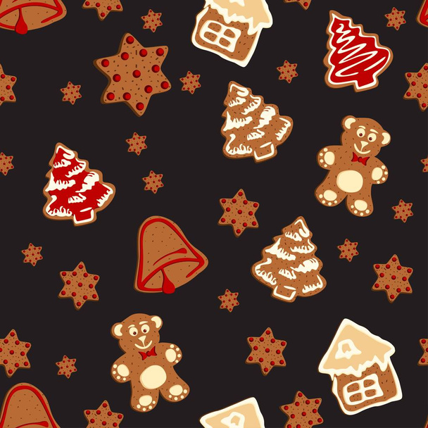 Karácsonyi mézeskalács zökkenőmentes minta. Gyömbéres sütik fekete háttérrel. Aranyos karácsonyi háttér tapéta, ajándék papír, minta kitöltések, textil, üdvözlő kártyák. - Vektor, kép