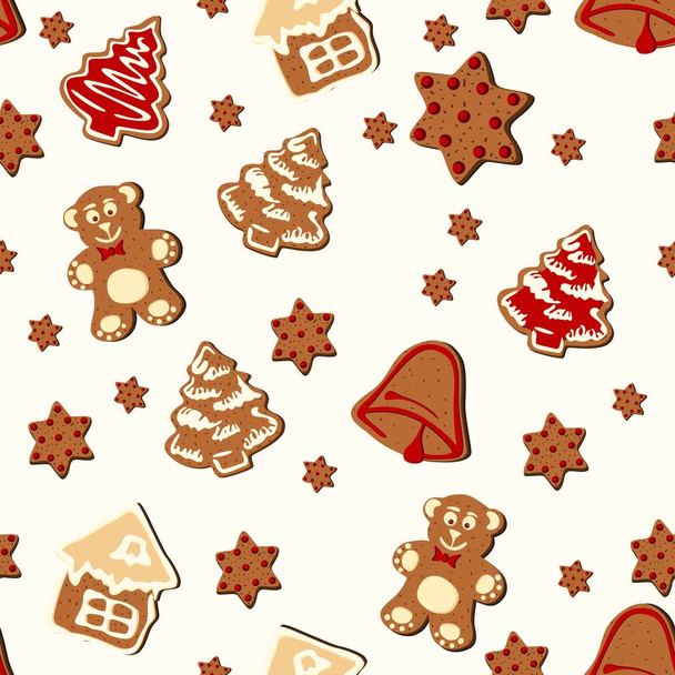 Christmas gingerbread seamless pattern. Ginger cookies on light background. Cute Xmas background for wallpaper, gift paper, pattern fills, textile, greetings cards. - Vector, Image