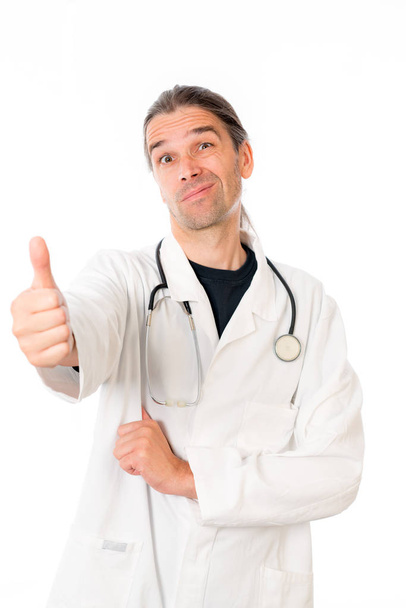 young doctor in white coat and thumb  up - Фото, изображение