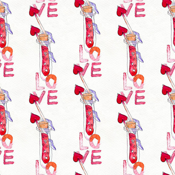Happy Valentines Day. Seamless pattern with red watercolor hearts, love poison and arrows. - Fotografie, Obrázek