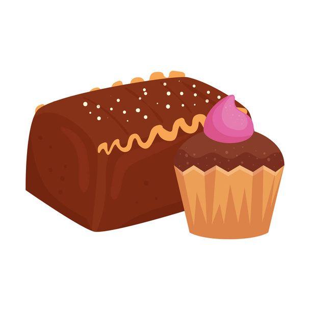 cake chocolate with cupcake isolated icon - Vector, Image