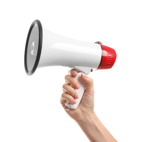 Female hand with megaphone on white background - 写真・画像