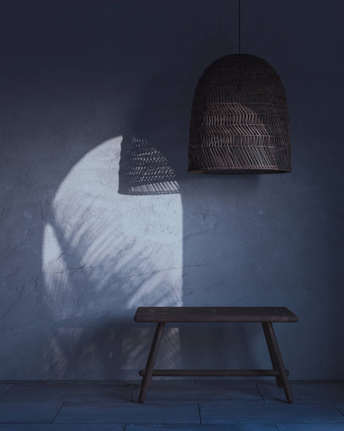 A fragment of the interior with a wicker lampshade and a wooden bench and moonlight on the wall. 3D rendering - Photo, Image