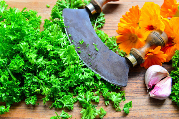 herbs on a wooden board and knife - Valokuva, kuva