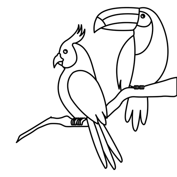 perroquet avec toucan dans la branche d'arbre icône isolée
 - Vecteur, image