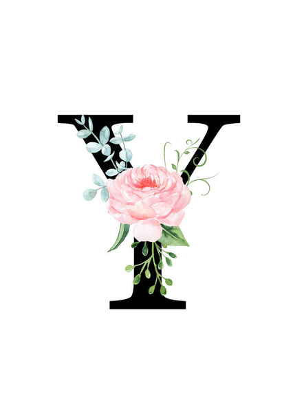 Floral monogram (letter) - decorated with a watercolor rose and leaves - Foto, afbeelding