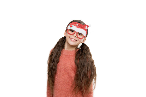 happy child in funny party glasses. small santa isolated on white background. merry christmas. she loves winter holidays. new year eve. Funny kid on christmas. waiting for miracle. time for fun - Foto, Imagen