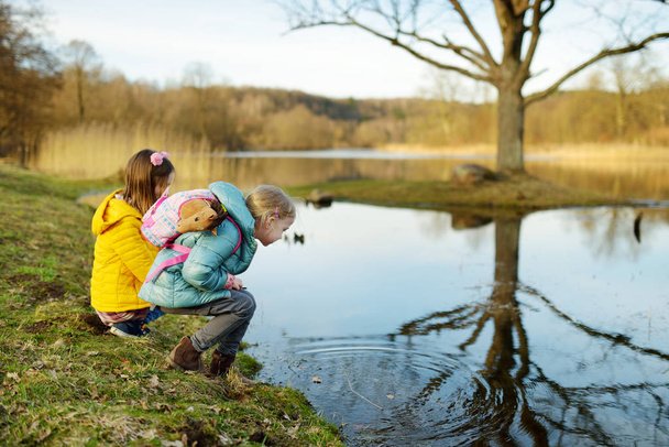 Two cute young sisters having fun by a river on warm spring day. Children playing together by a water. - Fotografie, Obrázek