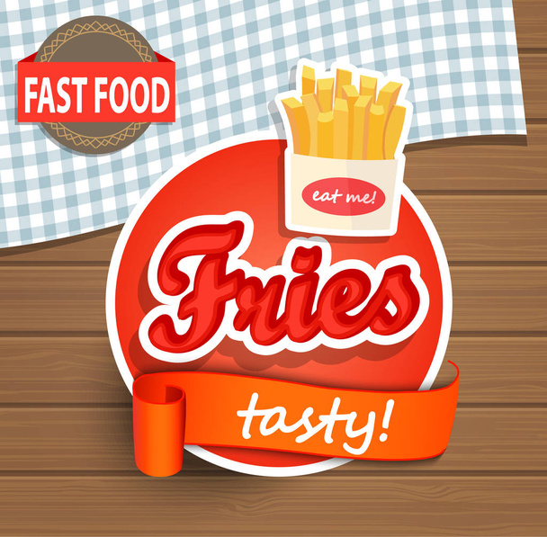 Fries Label or Sticer on the wood background - Design Template. Vector illustration. - Foto, Imagen