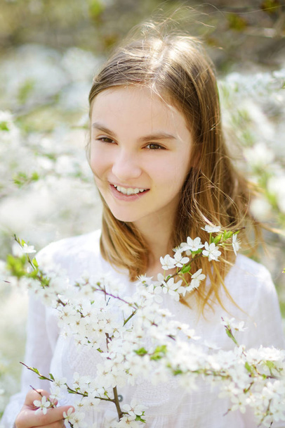 Adorable little girl in blooming apple tree garden on beautiful spring day. - Photo, Image