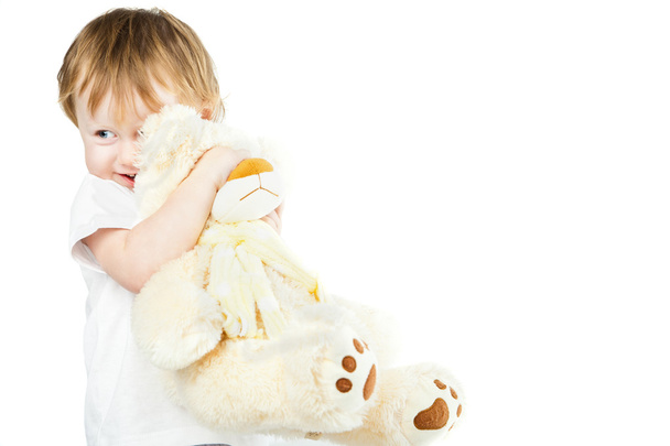 Cute funny infant baby girl with big toy bear - Zdjęcie, obraz