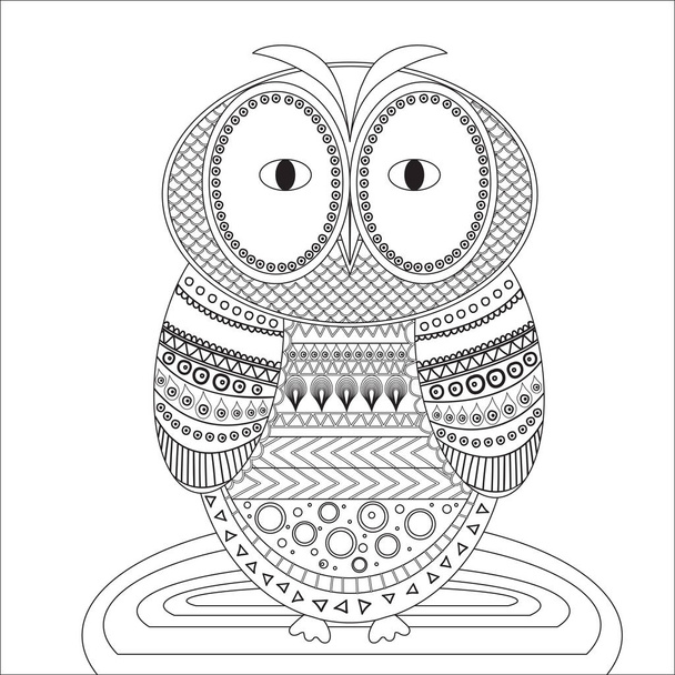 Decorative owl. Adult antistress coloring page. Black and white illustration for coloring book - Zdjęcie, obraz