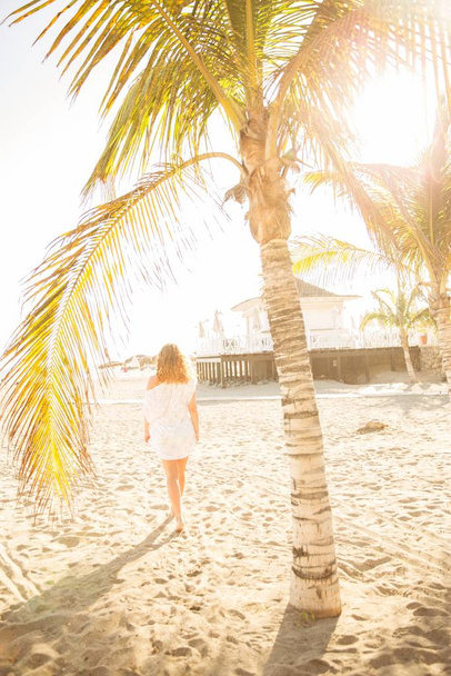 Full length rear view of mid adult woman on beach underneath palm tree, Tenerife, Canary Islands, Spain - 写真・画像