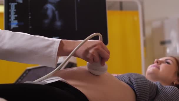 Mulher grávida deitada na cama durante a ecografia
 - Filmagem, Vídeo