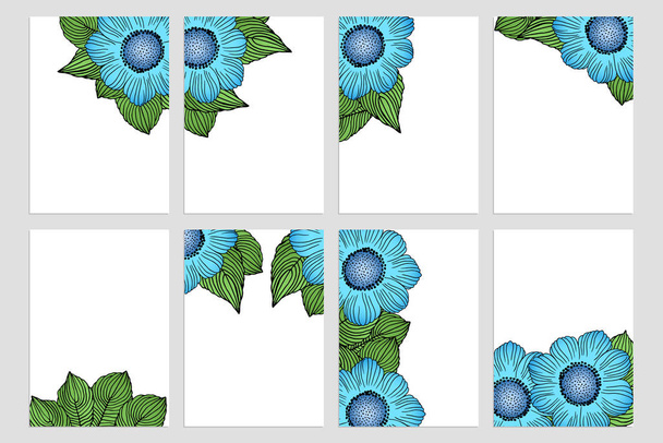 Postcard set with blue big flowers and green leaves. Template design for invitation, poster, card, print.  White background with colorful floral border. Copy space. - Vettoriali, immagini