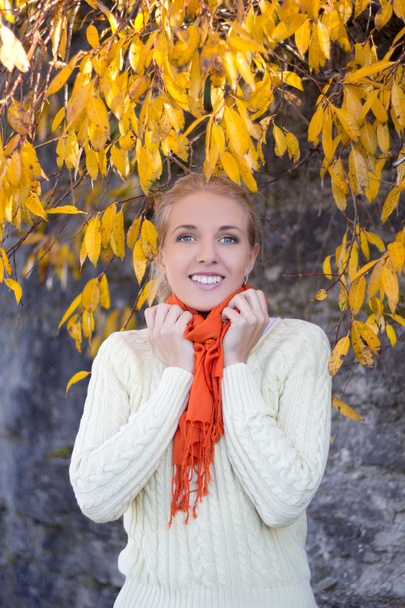 νέοι όμορφη γυναίκα στο λευκό πουλόβερ θέτουν πέτρινο τοίχο - Φωτογραφία, εικόνα