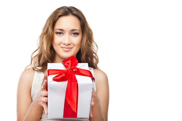 Beautiful Christmas woman with present isolated - Photo, Image