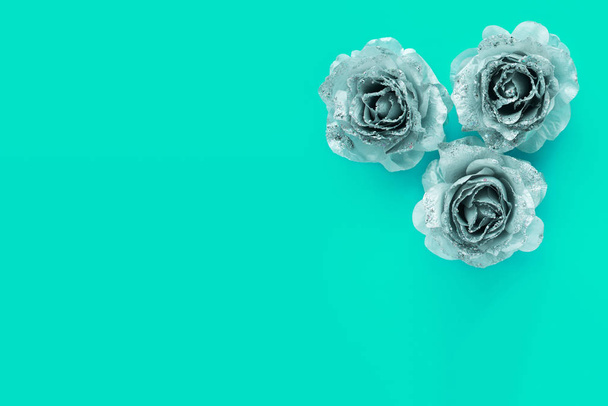 Tiffany background for text with silver glittering roses. Valentine day and love feminine concept. - Photo, Image