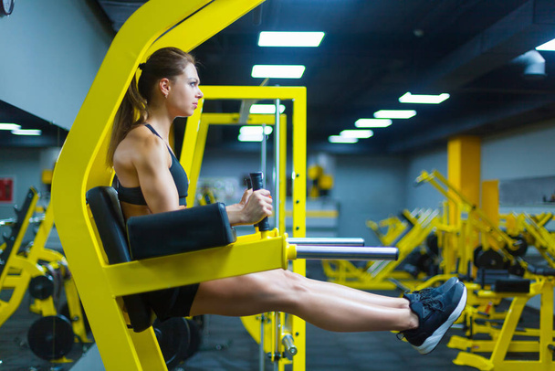 An athletic strong woman doing exercises for abdominal muscles at the parallel bars in a gym. Side view. ABS. - Foto, Imagem