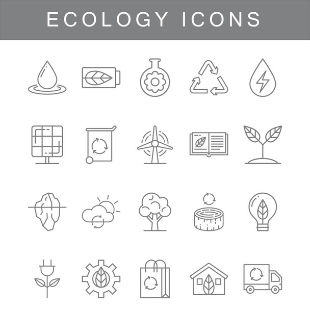 Zestaw ikon linii wektorowych związanych z ekologią. Zawiera takie ikony jak kosze na śmieci, woda, zielone domy, wiatraki i inne. - Wektor, obraz