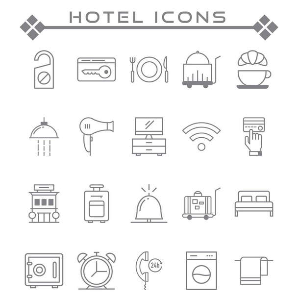 Conjunto de ícones de linha de vetores relacionados ao hotel. Contém ícones como uma cama grande e duas camas separadas, ar condicionado, Wi-Fi e muito mais
 - Vetor, Imagem