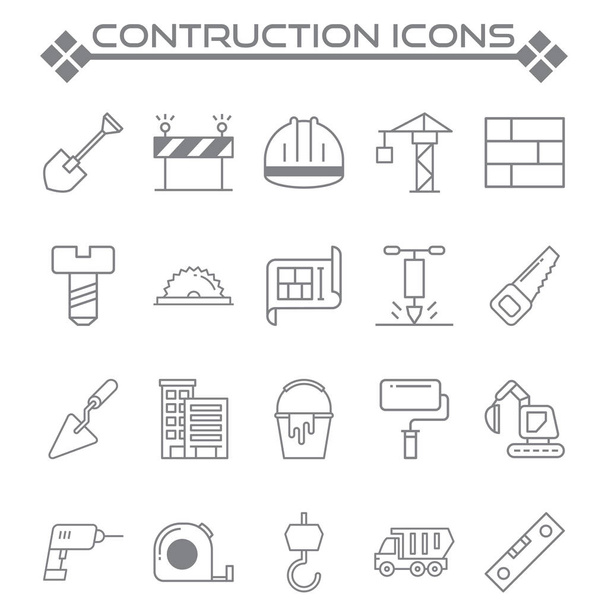 Conjunto de construcciones relacionadas con iconos de la línea vectorial. Contiene como ejes de camiones, espadas, sierras, cascos de trabajo y más
. - Vector, imagen