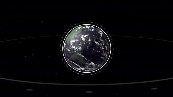 Abstrakcyjna animacja kuli ziemskiej i jej trajektorii pojawiającej się nad czarną przestrzenią. - Materiał filmowy, wideo