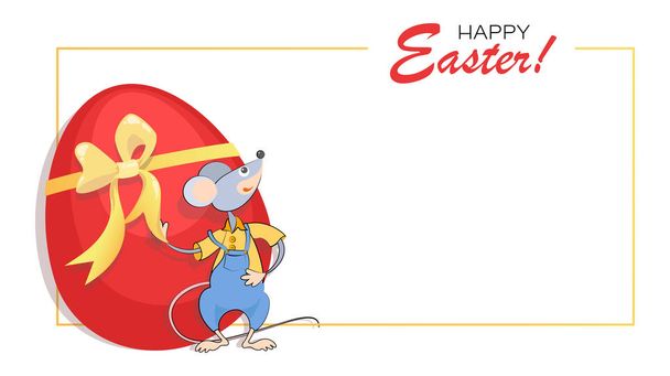Easter background, frame. Easter red egg and funny mouse.  - Vector, Image