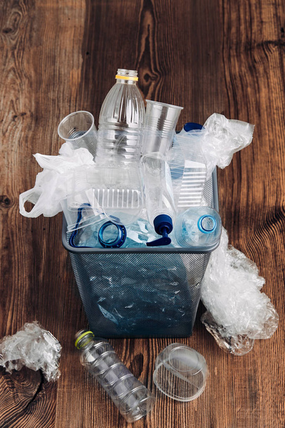 Heap of plastic bottles, cups, bags collected to recycling - 写真・画像