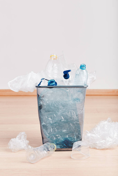 Heap of plastic bottles, cups, bags collected to recycling - 写真・画像