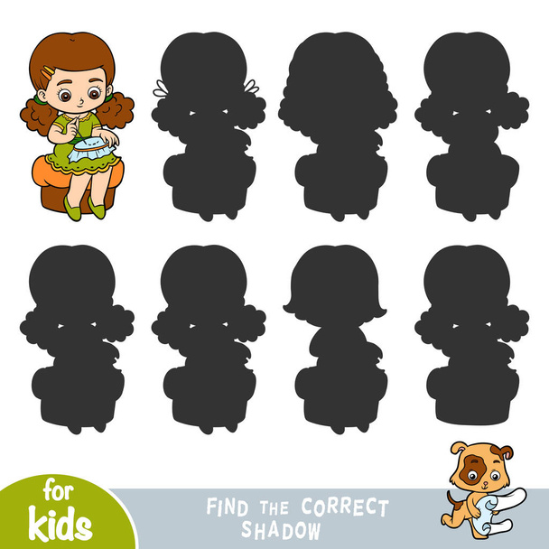 Find the correct shadow, game for children, Embroidering girl - Vector, Image